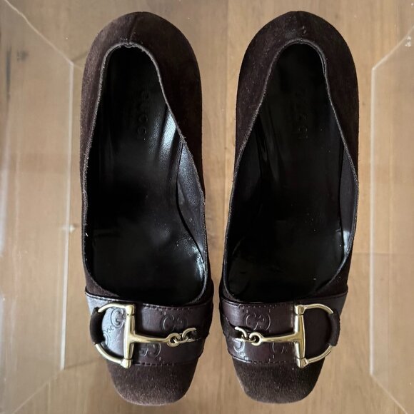 Gucci Vintage Horsebit Brown Suede Pumps Square Toe Block Heel Size 7 Resoled - Picture 3 of 16